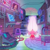 Un personaggio con una testa luminosa medita in una stanza piena di schermi e tecnologia, evocando l'atmosfera di Midnight Gospel.
