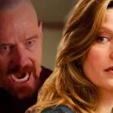 Anna Gunn, chi ha interpretato Skyler White, guarda con preoccupazione mentre Walter White mostra la sua rabbia.