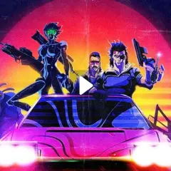 Captain Laserhawk e la sua squadra, un mostro blu e una donna cibernetica, pronti all'azione su un'auto rosa neon, con uno sfondo al tramonto e una città futuristica.