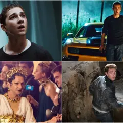 Scena da film di Shia LaBeouf: un giovane con un'espressione preoccupata, accanto a un'auto gialla, vestito da donna in una festa e mentre scava.
