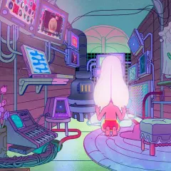 Un personaggio con una testa luminosa medita in una stanza piena di schermi e tecnologia, evocando l'atmosfera di Midnight Gospel.