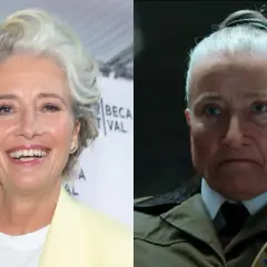 Emma Thompson sorride a sinistra, a destra è la sua interpretazione di Miss Trunchbull. Matilde sei mitica preside!
