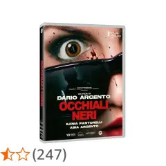 Copertina DVD "Occhiali Neri" di Dario Argento, con un occhio spaventato e riflessi di occhiali da sole. Le recensioni indicano un voto medio.