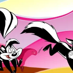 Pepè la puzzola e la sua amata corrono su uno sfondo rosa e giallo.