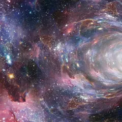 Un tunnel cosmico vorticoso, un'affascinante spiegazione scientifica dell'universo, con stelle scintillanti e nebulose colorate.