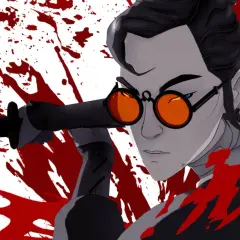 Occhi blu, occhiali arancioni e una katana: un'immagine che cattura l'essenza di Blue Eye Samurai, perfetta per una recensione.