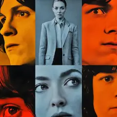 Volti ravvicinati e colorati del cast di The Crowded Room, con un ritratto centrale di una donna in blazer.