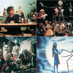 Collage di scene da "Nightmare Before Christmas": Tim Burton con pupazzi, Jack Skeletron e Sally, la parata natalizia e la danza sotto la luna. La trama del film è un'avventura gotica.