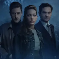 Il cast di The Haunting of Hill House: tre volti seri emergono da un'atmosfera nebbiosa e inquietante, pronti ad affrontare i segreti della casa.