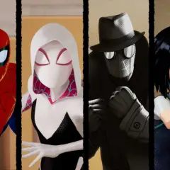 Miles Morales e altri Spider-Man nel film 1, pronti all'azione.