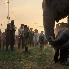 La commovente storia di Dumbo, un elefantino con grandi orecchie, protetto dalla madre in un circo al tramonto.