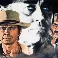 Volti iconici del West: un uomo con cappello, una donna misteriosa e un vecchio barbuto. La colonna sonora di "C'era una volta il West" evoca storie di giustizia e vendetta.