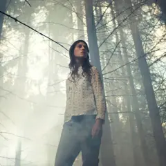 Una giovane donna in una foresta nebbiosa, con un'espressione pensierosa. Potrebbe essere una scena che evoca un' antichrist spiegazione, un'oscura profezia che si manifesta.