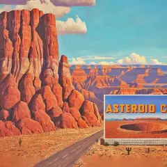 Un deserto rosso con canyon imponenti e un cartello che annuncia "Asteroid City". Un'immagine che evoca mistero e avventura, perfetta per una spiegazione del film.