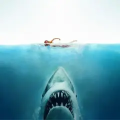 Un bagnante ignaro nuota in superficie, mentre un terrificante squalo si avvicina dal basso. Un'icona del cinema, un vero blockbuster di intrattenimento.