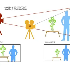 Inquadratura soggettiva: la telecamera A (teleobiettivo) riprende un uomo e fiori, la B (grandangolo) li inquadra diversamente.