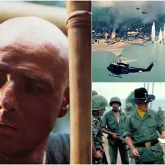 Il volto di Kurtz, elicotteri in azione e soldati in Vietnam. L'apocalypse now significato è la follia della guerra.