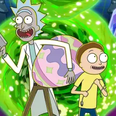 Rick e Morty, con un portale verde brillante, un uovo colorato e una capra. Le recensioni di Rick and Morty sono sempre folli!