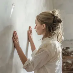 Una madre in un film, con le mani sul muro, sembra cercare una spiegazione o un conforto.