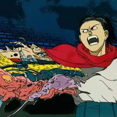 Akira, con un mantello rosso, urla mentre una massa organica mutante esplode dal suo petto.