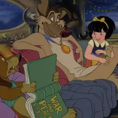 Un cane legge "Guerra e Pace" a una bambina e un altro cane, una scena da un film di Don Bluth.