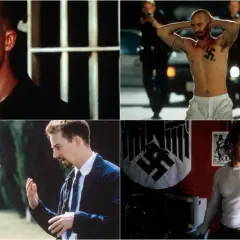 Collage di scene da American History X: Edward Norton nei panni di Derek Vinyard, un ex neonazista, mostra la sua trasformazione.