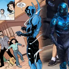 Il fumetto mostra una famiglia spaventata da Blue Beetle, mentre una foto reale rivela il costume. Le recensioni di Blue Beetle sono positive.
