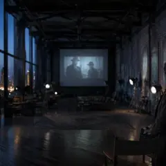 Un uomo con ciak in mano osserva un film in bianco e nero in una sala con vista sulla città. Un'atmosfera da vero cinema d'autore.
