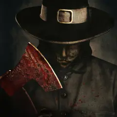 Un personaggio con cappello da pellegrino e ascia insanguinata, pronto per un macabro thanksgiving (film) recensioni.