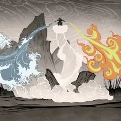 L'avatar, figura centrale, domina gli elementi: acqua, aria e fuoco. Un'immagine potente del suo avatar significato filosofico.
