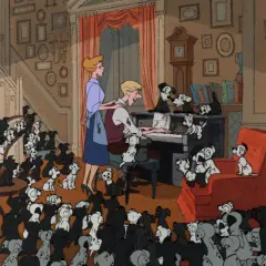 Una famiglia di dalmata, tra cui Pongo e Peggy, ascolta Roger suonare il piano.