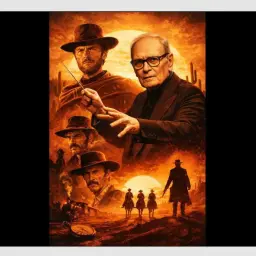 Omaggio a Ennio Morricone: volti di pistoleri e il maestro che dirige la colonna sonora di un film western.