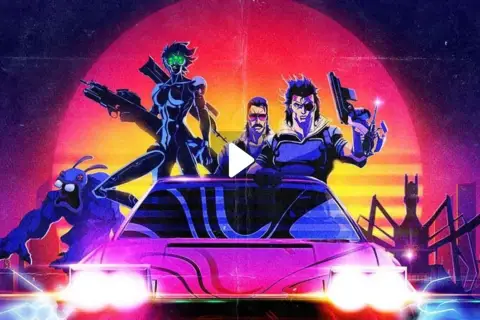 Captain Laserhawk e la sua squadra, un mostro blu e una donna cibernetica, pronti all'azione su un'auto rosa neon, con uno sfondo al tramonto e una città futuristica.