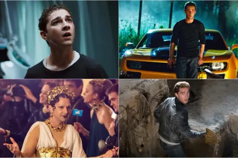 Scena da film di Shia LaBeouf: un giovane con un'espressione preoccupata, accanto a un'auto gialla, vestito da donna in una festa e mentre scava.