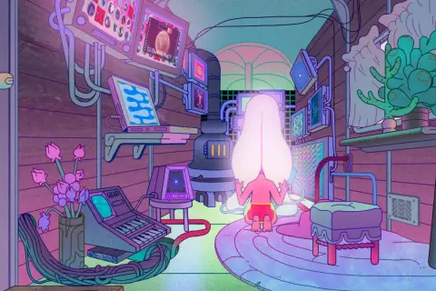 Un personaggio con una testa luminosa medita in una stanza piena di schermi e tecnologia, evocando l'atmosfera di Midnight Gospel.