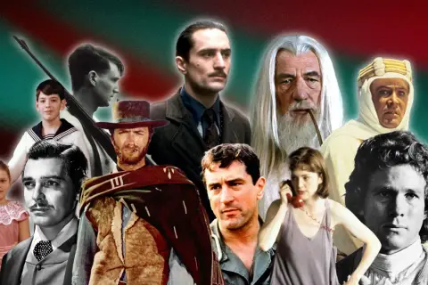 Un collage di volti iconici del cinema, da Clint Eastwood a Robert De Niro, che evocano ricordi di film belli e indimenticabili.