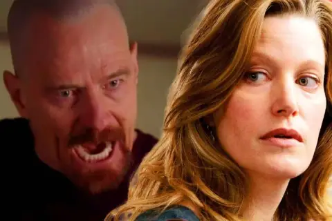 Anna Gunn, chi ha interpretato Skyler White, guarda con preoccupazione mentre Walter White mostra la sua rabbia.