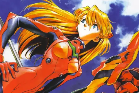 Asuka Langley Soryu in tuta Evangelion, con i suoi capelli biondi al vento, pronta a combattere.