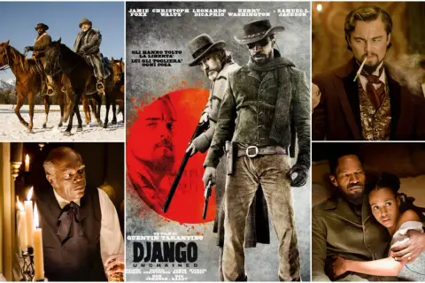 Il cast di Django Unchained: Jamie Foxx, Christoph Waltz, Leonardo DiCaprio, Kerry Washington e Samuel L. Jackson in scene iconiche.
