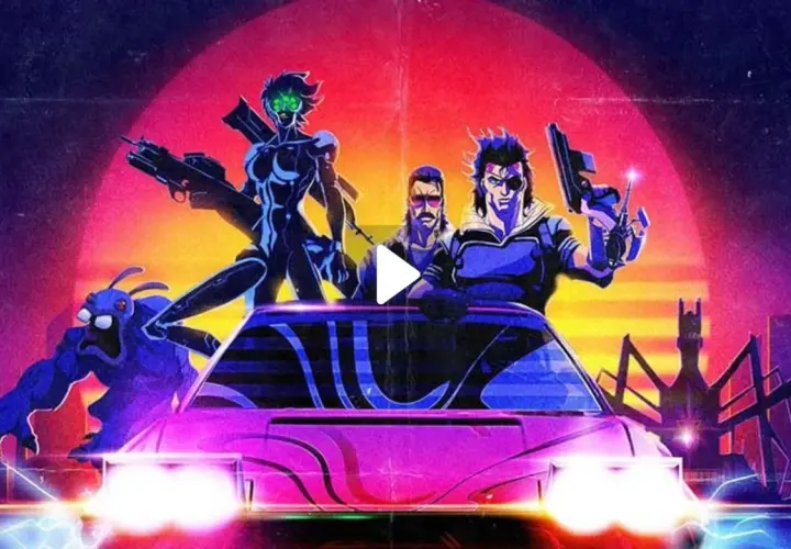 Captain Laserhawk e la sua squadra, un mostro blu e una donna cibernetica, pronti all'azione su un'auto rosa neon, con uno sfondo al tramonto e una città futuristica.