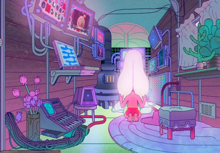 Un personaggio con una testa luminosa medita in una stanza piena di schermi e tecnologia, evocando l'atmosfera di Midnight Gospel.