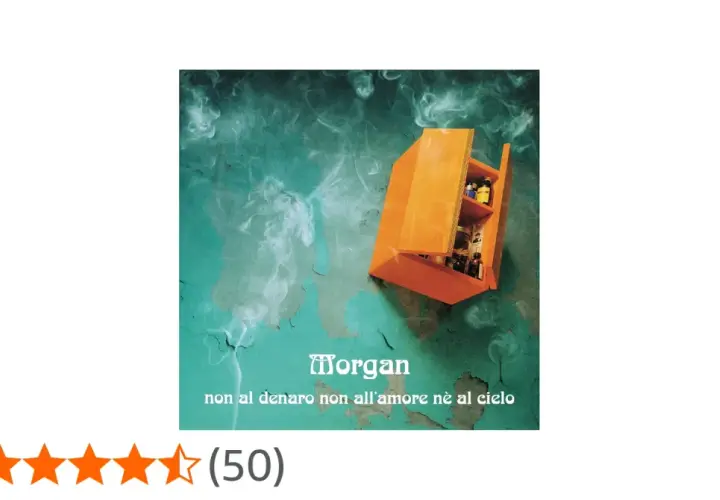 Copertina album Morgan: "non al denaro non all'amore nè al cielo". Un mobile arancione aperto, pieno di boccette, su sfondo verde fumoso.