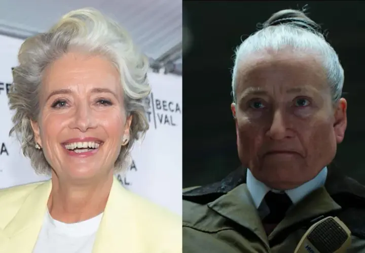 Emma Thompson sorride a sinistra, a destra è la sua interpretazione di Miss Trunchbull. Matilde sei mitica preside!