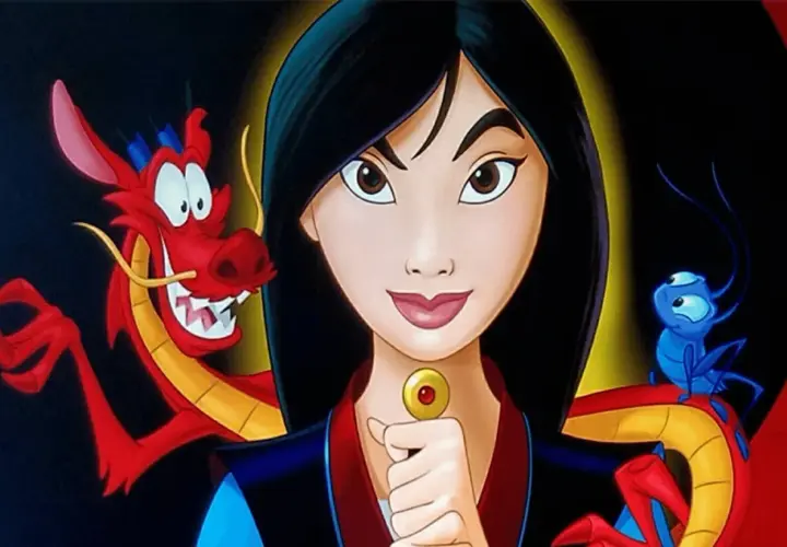 I personaggi Mulan cartone: Mulan con Mushu e Cri-Kee, pronti all'avventura.