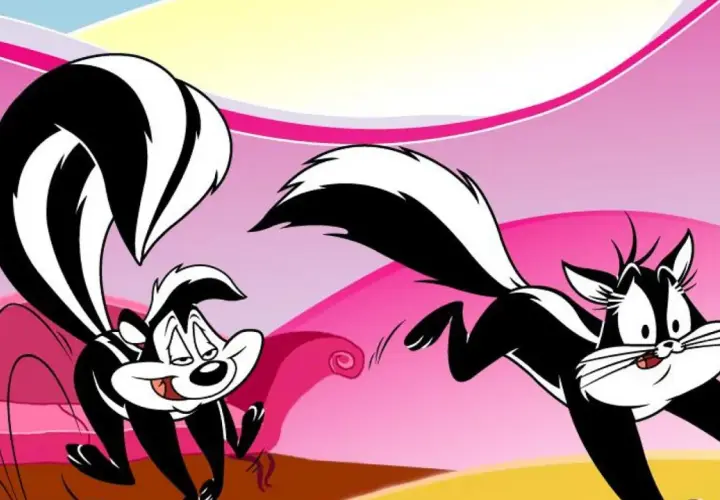 Pepè la puzzola e la sua amata corrono su uno sfondo rosa e giallo.