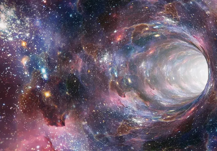 Un tunnel cosmico vorticoso, un'affascinante spiegazione scientifica dell'universo, con stelle scintillanti e nebulose colorate.