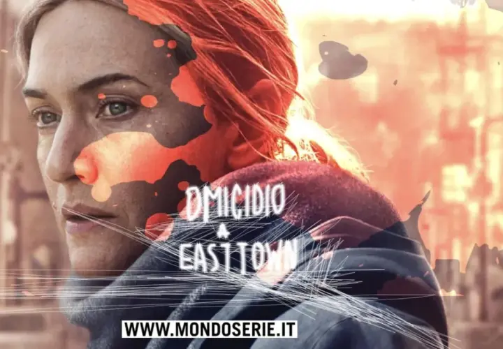 Il volto di Kate Winslet in primo piano, con macchie rosse che ricordano sangue e il titolo "Omicidio a Easttown". Le recensioni lodano la serie.