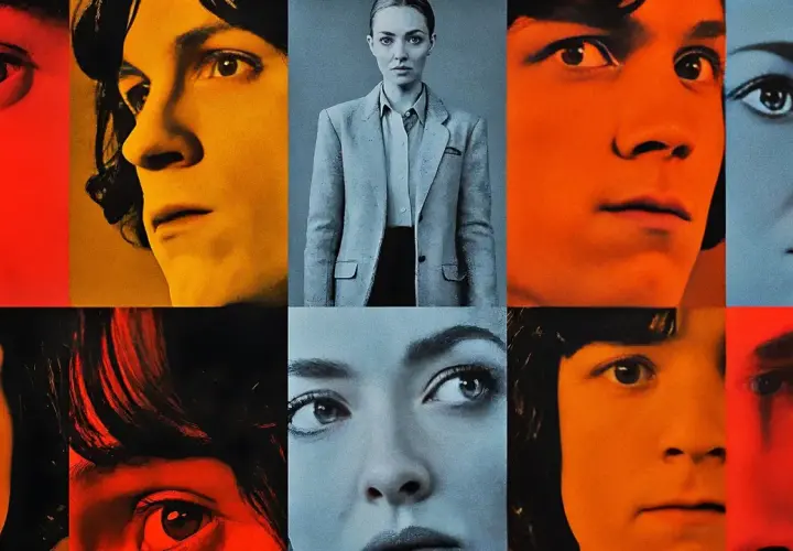Volti ravvicinati e colorati del cast di The Crowded Room, con un ritratto centrale di una donna in blazer.