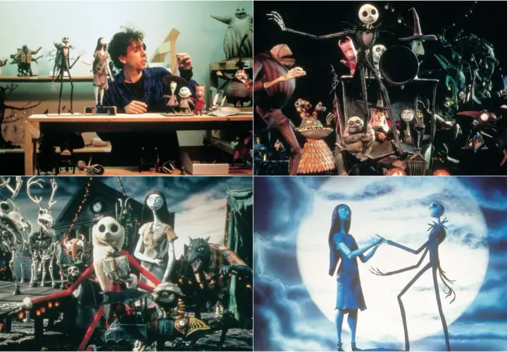 Collage di scene da "Nightmare Before Christmas": Tim Burton con pupazzi, Jack Skeletron e Sally, la parata natalizia e la danza sotto la luna. La trama del film è un'avventura gotica.