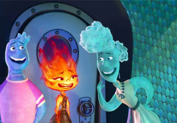 Tre personaggi animati: un uomo blu di elemental acqua, una donna di fuoco e un'altra donna di acqua.